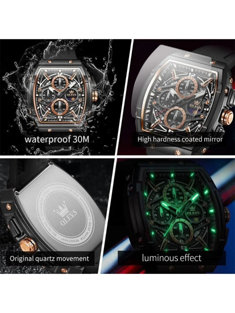 Men's Black Chronograph Big Square Analog Silicone Strap Waterproof Wrist Watch